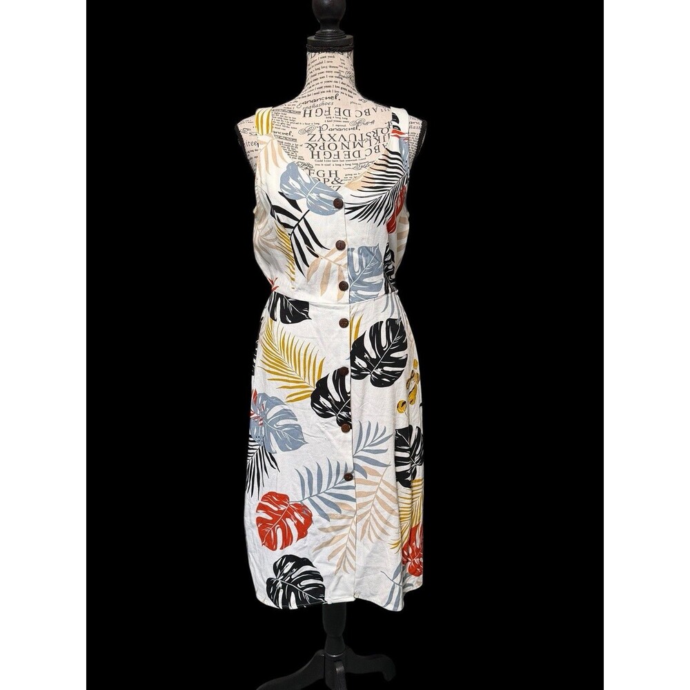 Monteau dress Size Medium Midi Linen Blend Tropical V Neck Floral Button
